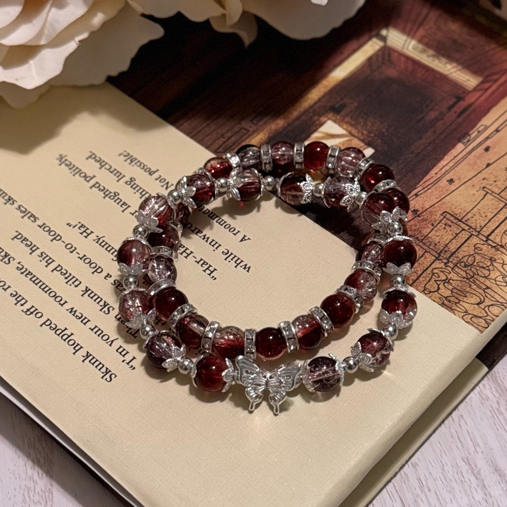 🖤🥀 Handmade Pair Red/Silver Cracked Glass Bead Butterfly Bracelets 🥀🖤